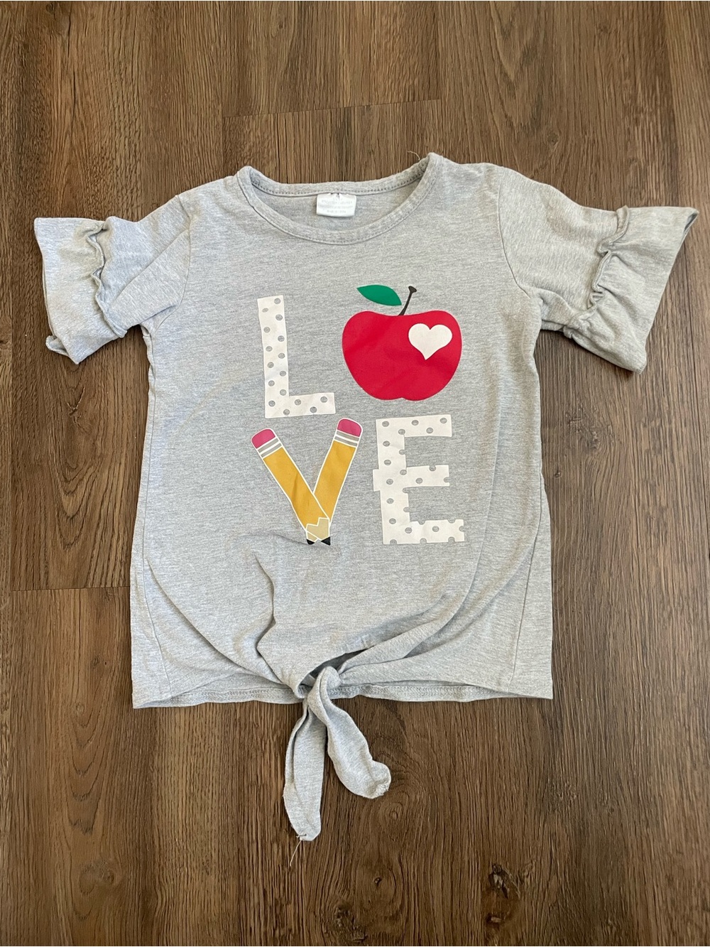Girls' Gray 'LOVE' Tie-Front Top with Apple and Pencil Graphic Size S 6/7